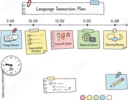Daily schedule timeline with time blocks, timer and notebook page scraps, sticky notes and progress dots for Language immersion