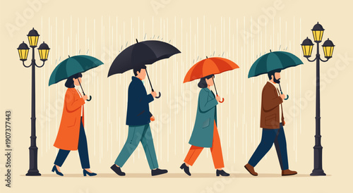Vector illustration of people walking with umbrellas in a line on a street with lampposts and a patterned background
