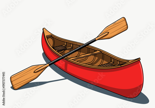 A vibrant red canoe with a wooden paddle, a charming vector illustration perfect for adventure and exploration themes