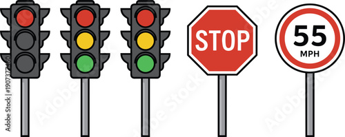Traffic Light Signal Stop Sign and Speed Limit Road Signs Flat Vector Illustration Set Isolated on White Background