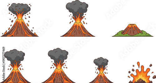 Volcano Eruption Vector Illustration Set with Burning Lava Fire Smoke Clouds and Magma Explosion Isolated Mountain Elements