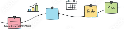 Milestone roadmap path, notebook strips as checkpoints, mini chart and calendar icons, pinned sticky notes for Minimalist