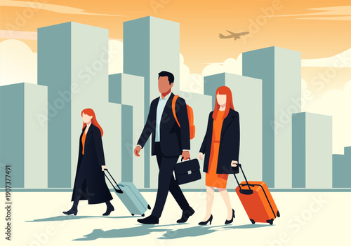 Business Travel Vector Illustration of Professionals Walking with Luggage in a Cityscape with Airplane