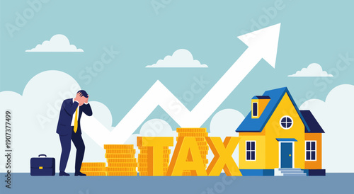 Rising Property Tax Burden A Vector Illustration Depicting Financial Stress on Homeownership with Increasing Costs