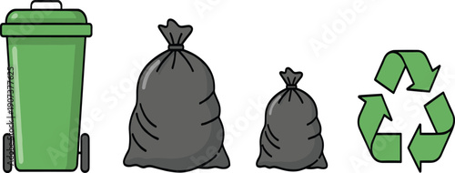 Waste Management Vector Illustration Set with Green Wheelie Bin Black Garbage Bags and Green Universal Recycling Symbol Pack