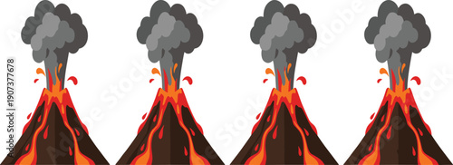 Volcano Eruption Vector Illustration Set with Exploding Mountain Peak Hot Lava Flow and Dark Smoke Clouds Isolated on White