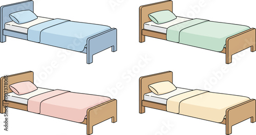 Modern Single Bed Vector Illustration Set with Colorful Bedding Including Blue Green Pink and Yellow Blankets and Pillows