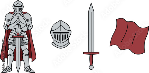 Medieval Knight Vector Illustration Set with Silver Plate Armor Warrior Holding Sword Iron Helmet and Red Fabric Flag Pack