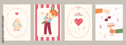 Modern vector romantic date poster collection with hand drawn illustration. Characters, bouquets, wine glasses, dove, couple. Cute and simple compositions for print and social media