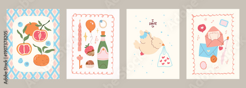 Vector Valentine's Day hearts, chocolate, strawberries and wine illustration collection. Modern hand drawn pastel pink clip art set for books, stationery, banners and social media