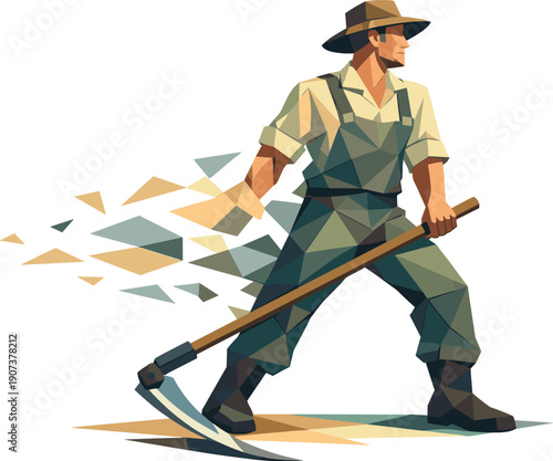 Low-poly vector illustration of a farmer finishing the harvest motion in controlled follow-through, posture stabilizing with