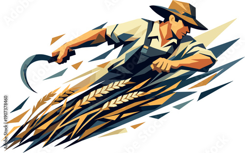 Harvest Hustle. Low-poly vector illustration of a farmer accelerating into harvest motion, dynamic diagonal composition with