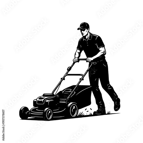 Professional Gardener Mowing Lawn with Push Lawnmower Black and White Vector Illustration