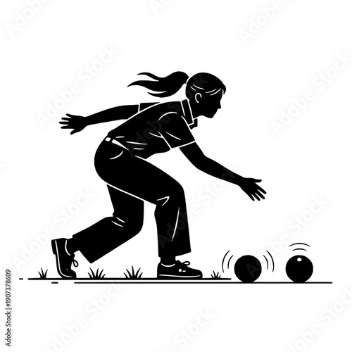 Female Athlete Bowling Silhouette Outdoor Lawn Bowls Player Vector Illustration