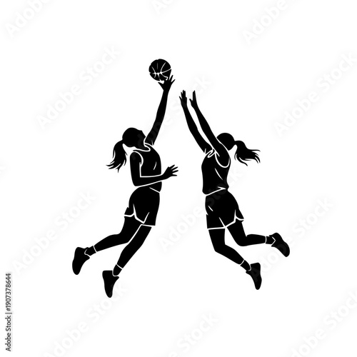 Female Basketball Players Silhouette Jumping for Rebound Action Vector Illustration