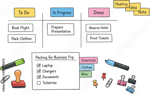 Kanban task cards on paper, column headers on sticky notes, stamps and markers, checklist symbols for Packing for business trip