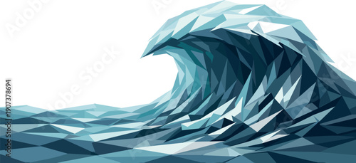 Low-poly vector illustration of a tsunami wave wall in the setup phase, broad faceted sea surface swelling upward as angular wave