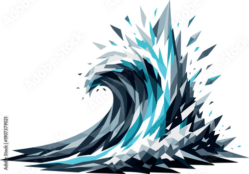 Futuristic Tsunami Wave. Low-poly vector illustration of a tsunami wave wall breakthrough moment, wave crest locking into a