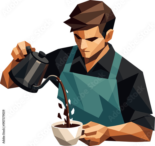 Precision Coffee Pour. Low-poly vector illustration of a barista pouring coffee with smooth precision, single barista with sharply