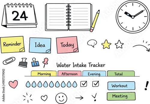 Desk calendar page, notebook, sticky notes and a wall clock, checkmarks and event blocks for Water intake tracker with tabs,