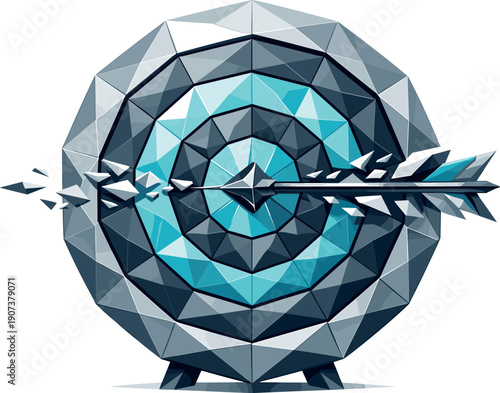 Low-poly vector illustration of a target just before being hit, faceted bullseye target facing forward with tense angular
