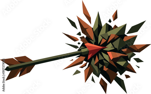 Low-poly vector illustration of an arrow meeting resistance at the center point, arrow tip colliding with a dense polygonal core