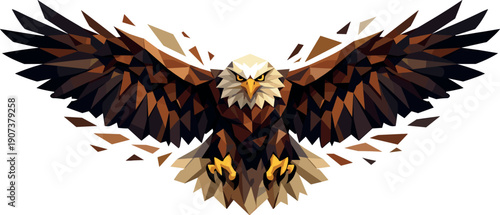 Low-poly vector illustration of an eagle with wings fully spread in a commanding display, powerful bird rendered with sharply