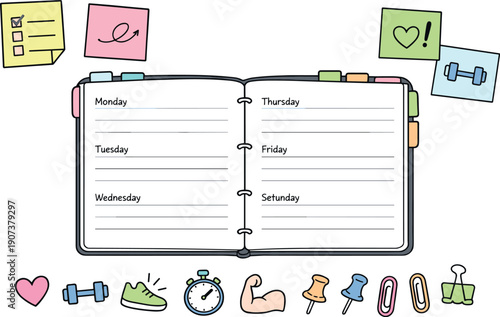 Open weekly planner spread, tabbed notebook pages, paper clips and sticky notes, small reminder icons for Workout routine tracker