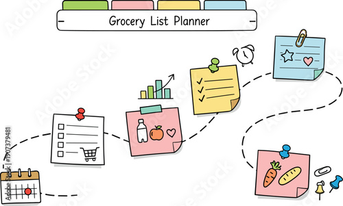 Milestone roadmap path, notebook strips as checkpoints, mini chart and calendar icons, pinned sticky notes for Grocery list