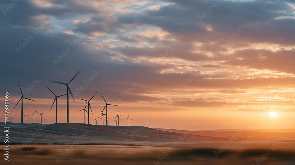 Obraz premium Golden sunset over wind farm with glowing turbines and soft light reflections, symbolizing hope, innovation, and commitment to a sustainable, carbon-neutral world. cinematic color correction,