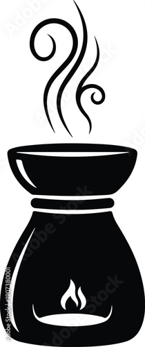 Black aromatherapy oil burner with candle flame and steam silhouette vector illustration