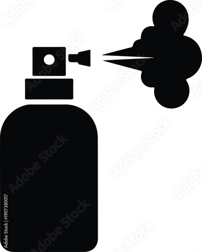 Black spray bottle symbol dispersing vapor mist essential product silhouette vector illustration