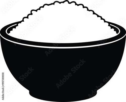 Ceramic bowl filled with cooked rice for asian cuisine silhouette vector illustration