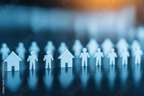 Wallpaper Mural Alternating metal figures of houses and people stand in a neat row reflecting on a dark blue surface. Torontodigital.ca