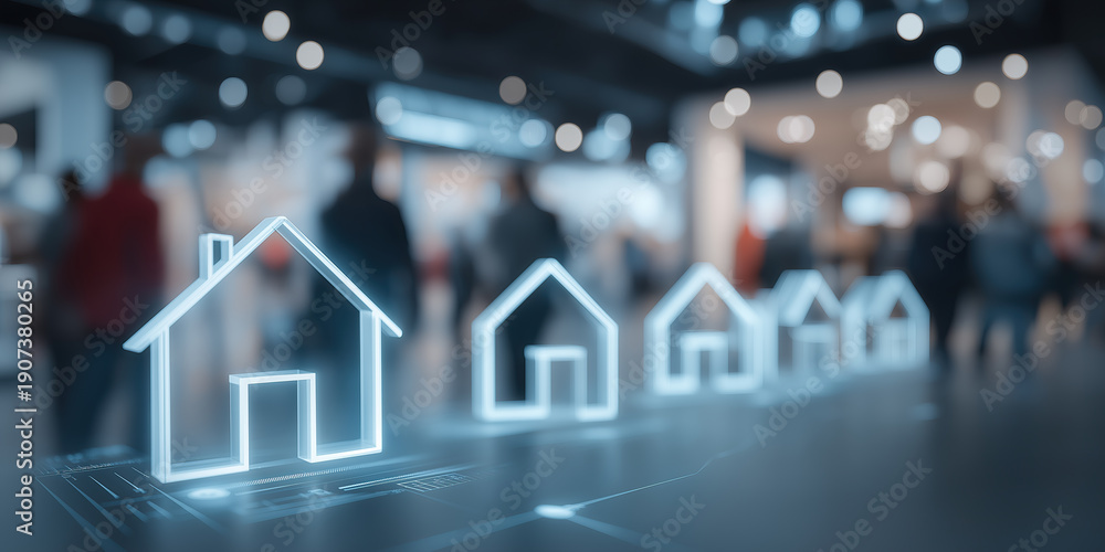 custom made wallpaper toronto digital Glowing house icons float over blurred public interior, symbolizing digital real estate services, smart housing, and modern property markets.