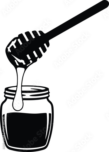 Honey dipper dripping sweet golden honey into glass jar silhouette vector illustration