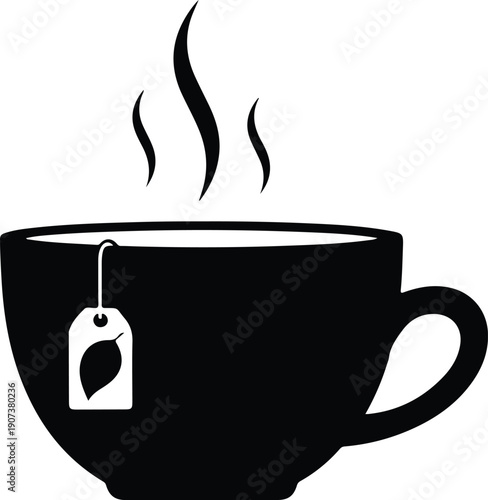 Hot steaming teacup with tea bag tag icon design silhouette vector illustration