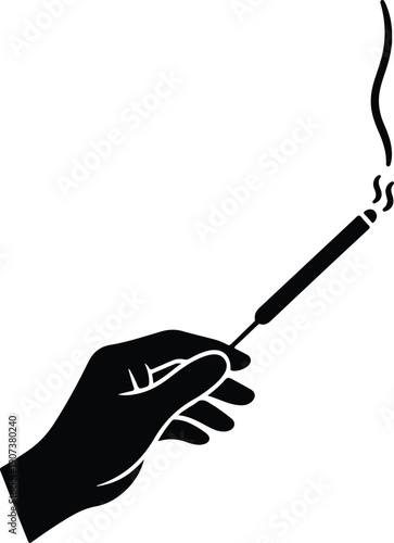 Human hand holding burning aroma incense stick with smoke silhouette vector illustration