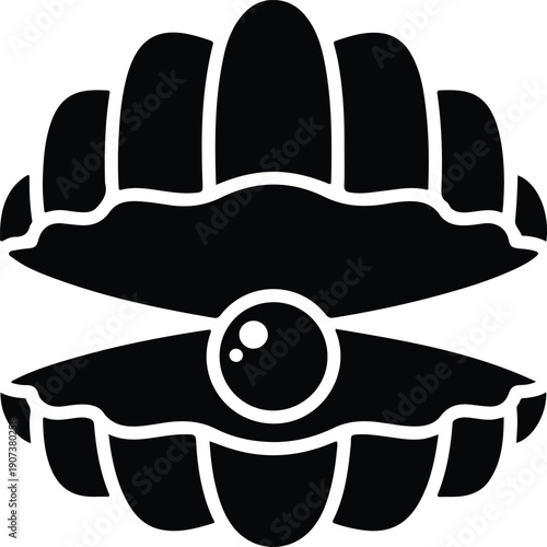 Luxury open oyster shell holding shiny precious pearl ocean treasure silhouette vector illustration