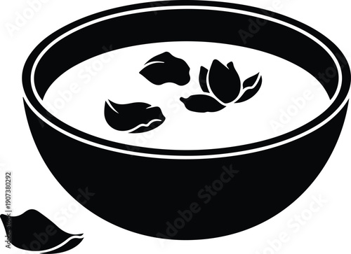 Minimalist bowl with floating flower petals for spa treatment silhouette vector illustration