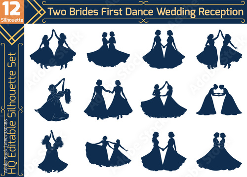 Two Brides First Dance Wedding Reception Silhouette Set, Lesbian Couple Marriage Celebration, Same-Sex Romantic Dance, LGBTQ+ Wedding Vector Art