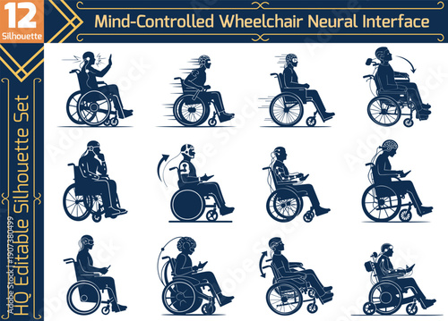 Mind-controlled wheelchair neural interface silhouette set featuring futuristic assistive technology for disabled mobility and brain-computer link