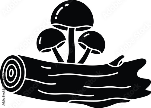 Three wild forest mushrooms growing on a fallen log autumn season silhouette vector illustration