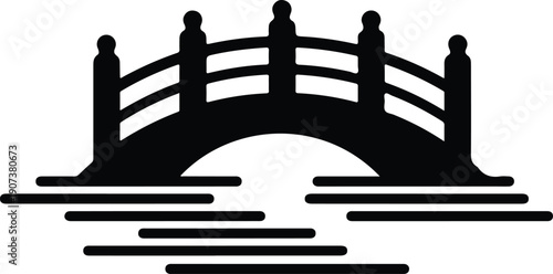 Traditional oriental style bridge spanning water architectural element silhouette vector illustration