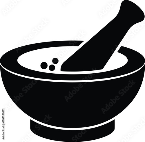 Traditional kitchen mortar pestle grinding spices cooking food medical silhouette vector illustration