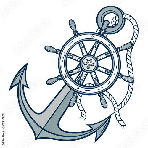 Vintage nautical anchor with ship wheel and rope, maritime adventure emblem illustration.