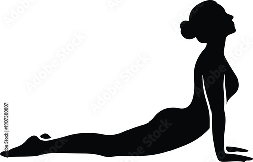 Woman practicing yoga cobra pose for health and wellness silhouette vector illustration
