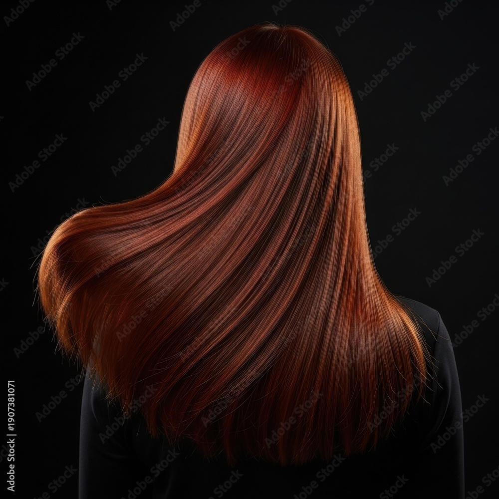 Naklejka premium Beauty concept of woman with long straight shiny red hair isolated on black background.