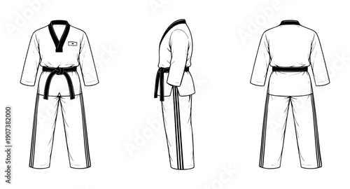 Taekwondo uniform with black belt and chest patch shown in front side and back views martial arts training apparel illustration