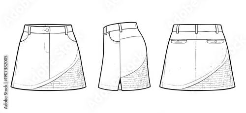 Women’s golf skirt skort illustration with wrap front panel, textured insert and pockets shown in front side and back views apparel mockup